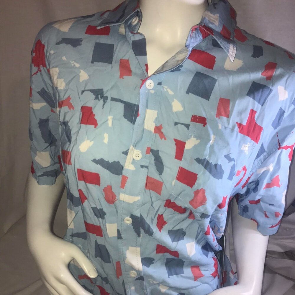 Tipsy Elves Mens USA American States Patterned Light Blue Button Up Size XL